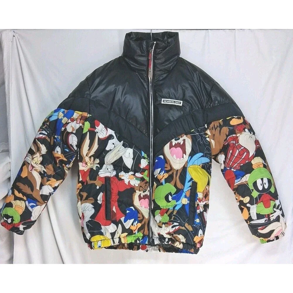 Members Only Looney Tunes All Over Print Puffer Jacket Black Cartoon Men Small